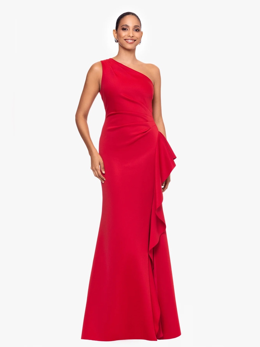 Xscape Red One Shoulder Ruffle Scuba Gown Dress SZ 8 NWT Formal Evening GALA MOB